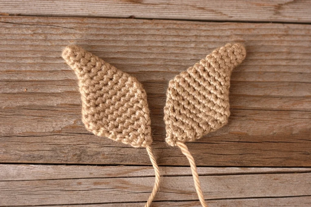 Two crocheted elf ears in tan yarn lying side by side on weathered wooden boards, each ear wide at the base and tapering to a pointed tip, with a long twisted yarn tail hanging from the bottom of each piece.