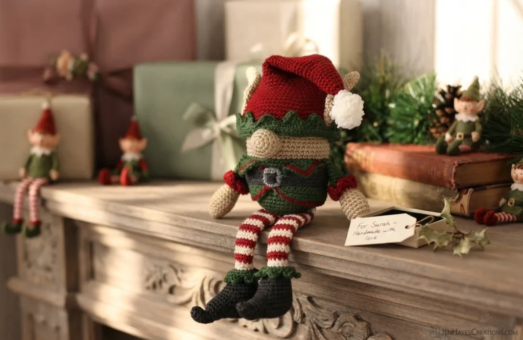 A single crochet elf gnome with a red hat and white pom pom, green body, red belt with a grey buckle, striped red and white legs and dark grey boots, sitting on the edge of a carved wooden mantel surrounded by wrapped gifts, pine greenery a