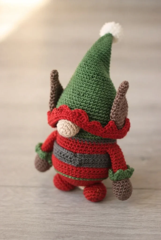 Back view of a crocheted elf gnome with a green pointed hat topped by a white pom pom, two brown pointed ears, a red scalloped collar, a grey band around a red body, and brown mittens, standing on a light wood surface.