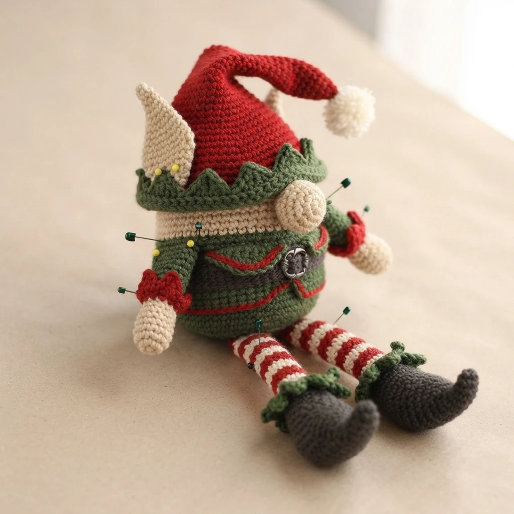 Side view of a crocheted elf gnome with a red hat and white pom pom, green pointed collar and tunic, charcoal belt with a silver buckle, red and white striped legs and charcoal curled shoes, held together with yellow and green headed pins w