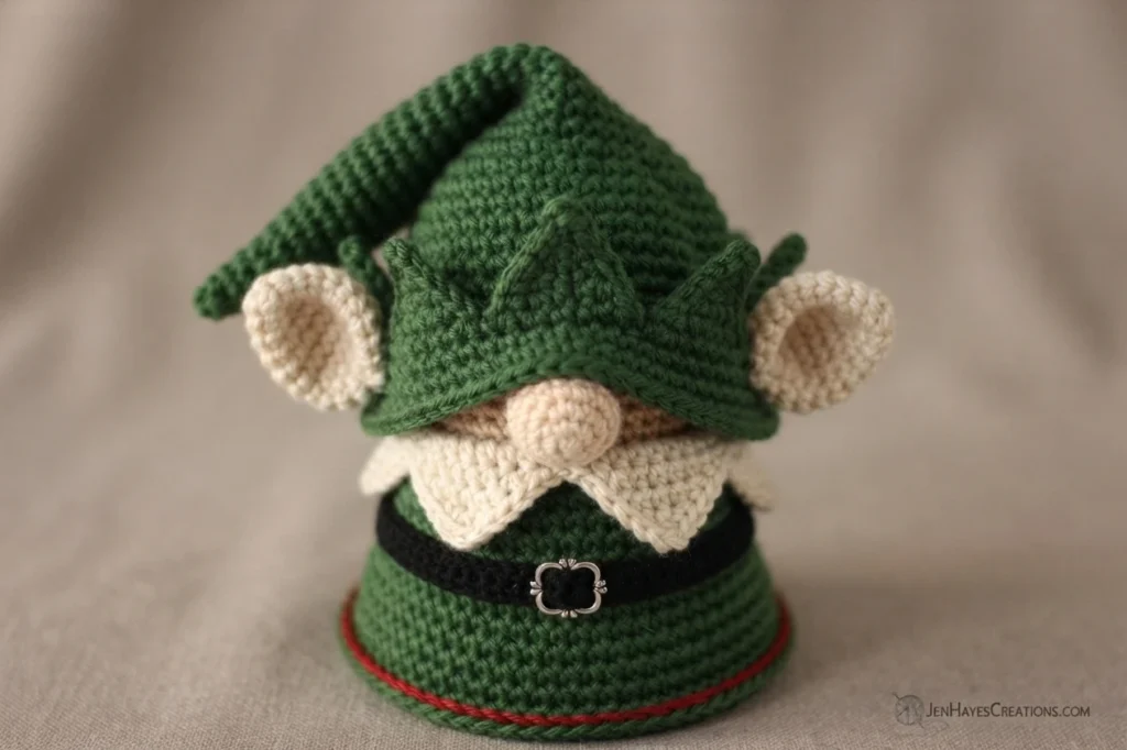 A crocheted elf gnome with a green pointed hat pulled low over a round cream nose, cream ears on both sides, a white beard, a black belt with a silver buckle and red trim along the bottom edge, photographed on beige fabric.