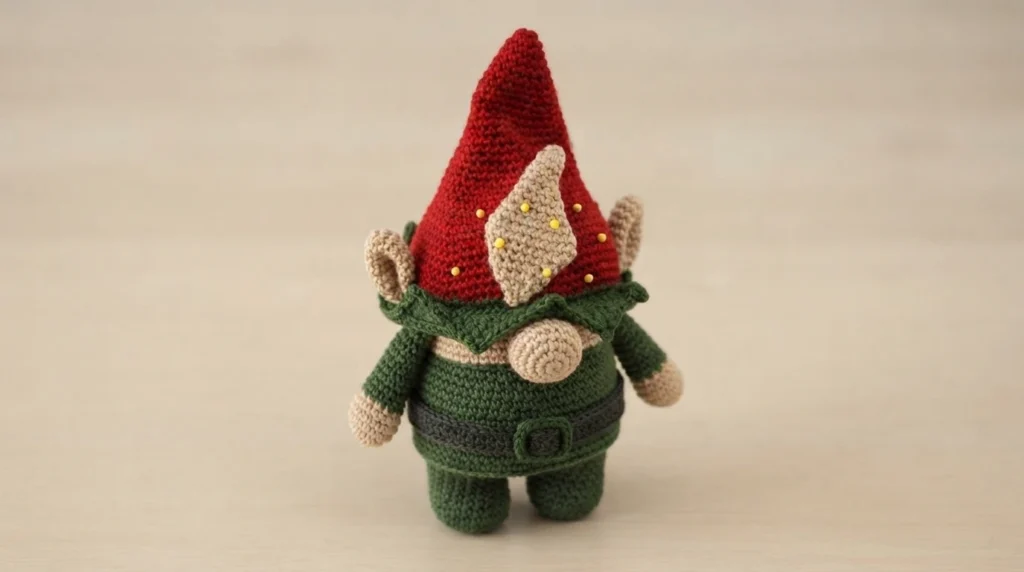 Crocheted elf gnome with a red pointed hat and green tunic standing on a light wood surface, beige ear pieces pinned to the hat with yellow-headed pins and a dark green belt with a buckle around the waist.