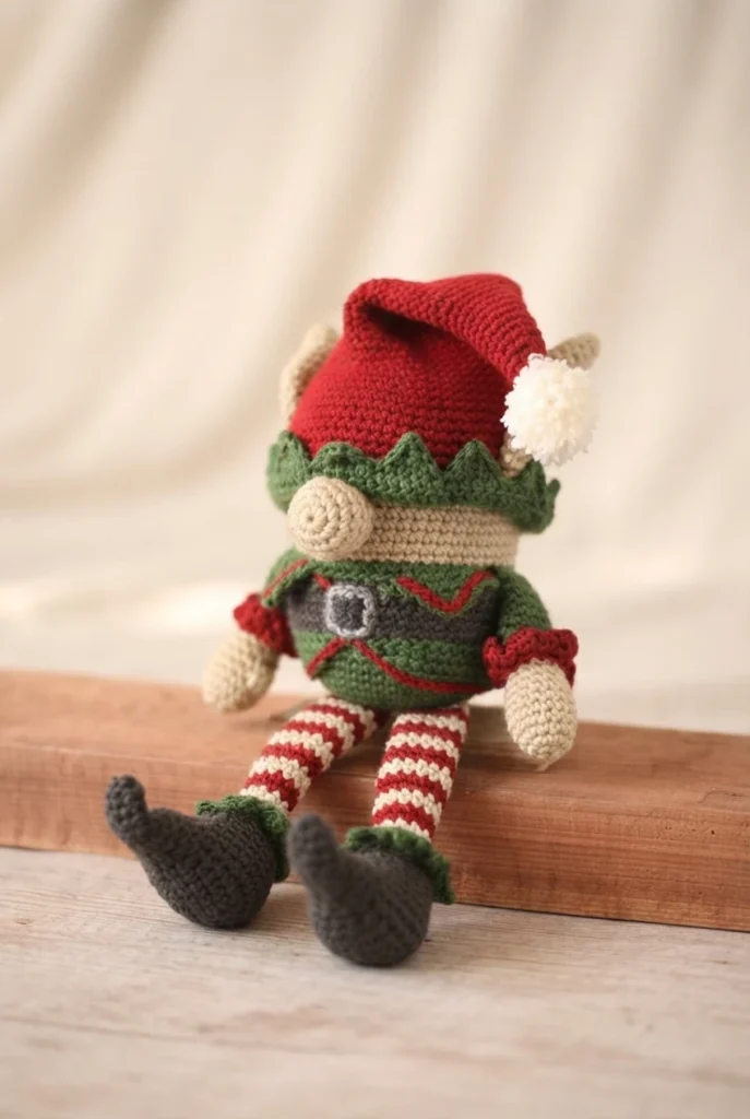 Crocheted Christmas elf gnome sitting on a wooden plank against a soft cream fabric backdrop, wearing a red hat with a white pom pom, a green zigzag collar, a tan beard, a green body with a grey belt and silver buckle, red and white striped