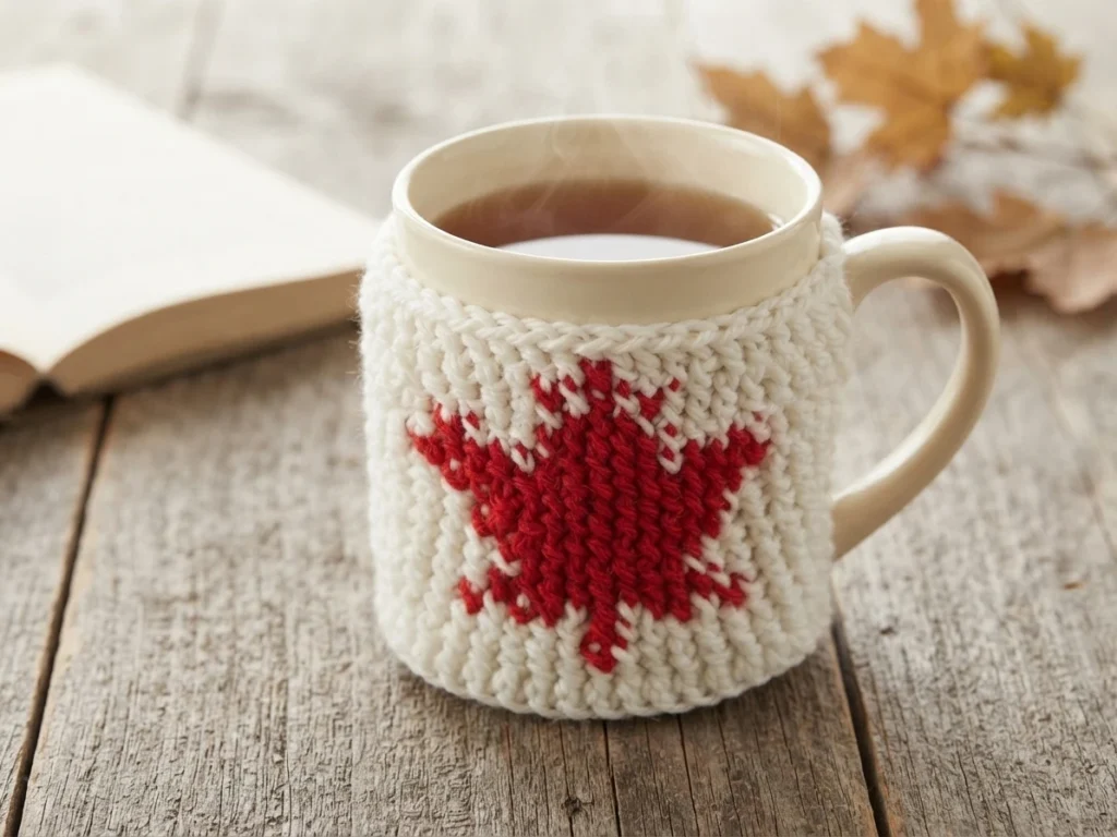 White crocheted cup cozy with a red maple leaf motif wrapped around a cream ceramic mug of steaming coffee, with an open book and dried autumn leaves blurred on a wooden table behind it.