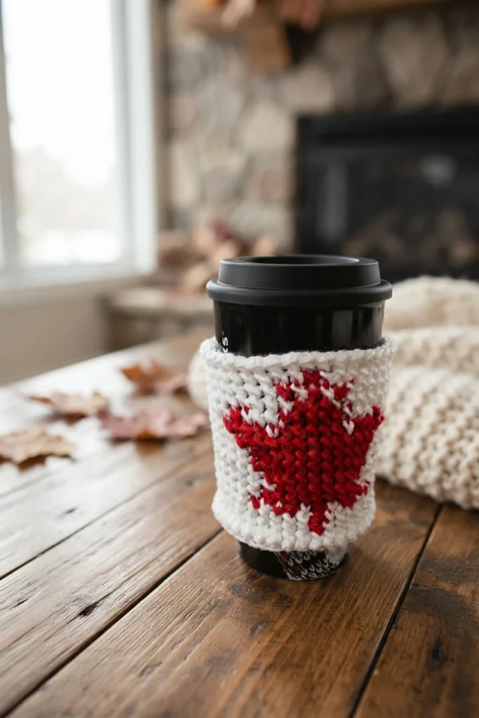 White crocheted cup cozy with a red maple leaf worked on the front, shown around a black travel mug on a wooden table, with autumn leaves and a cream knitted blanket in the background.