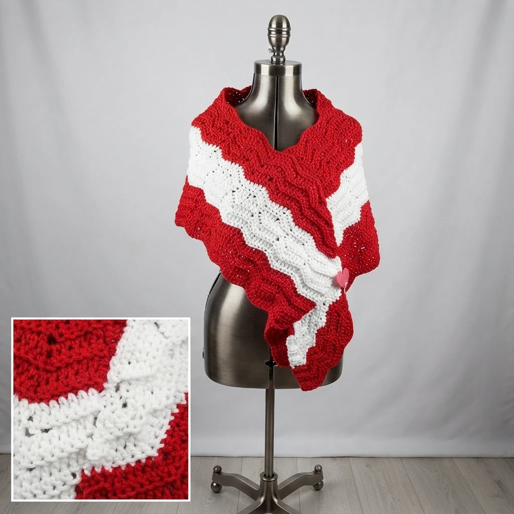A red-and-white ripple-stitch crochet scarf wrapped around a dress form, with a close-up inset showing the textured stitches.