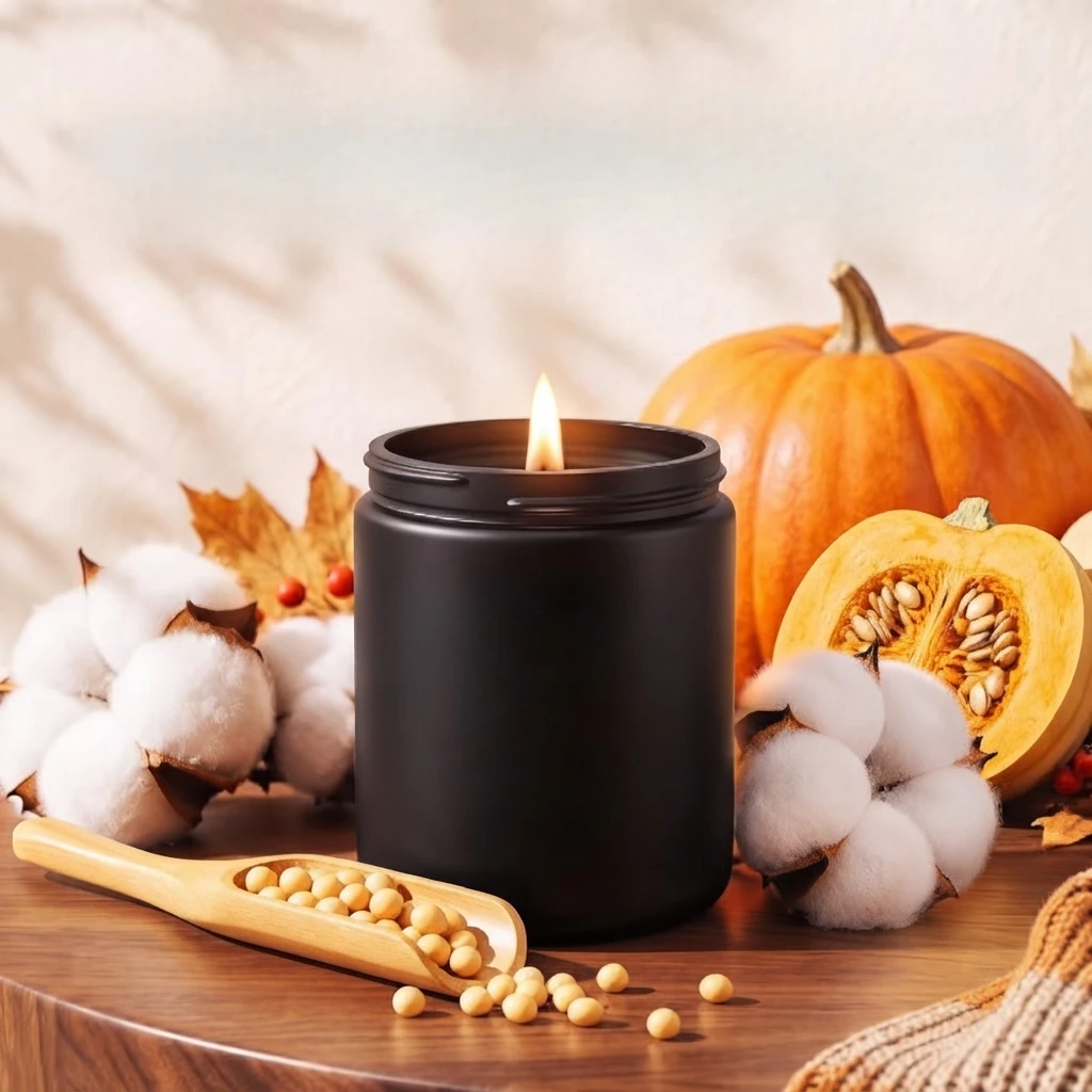 Lit candle in a plain black jar beside a whole pumpkin, a halved pumpkin, cotton bolls and a wooden scoop with small round beans on a wooden table