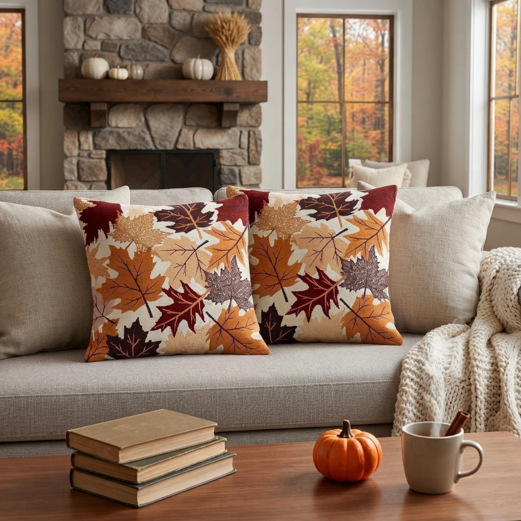 Two autumn leaf throw pillows in orange and burgundy on a light gray sofa in a cozy fall living room with stone fireplace, small pumpkin and mug on coffee table