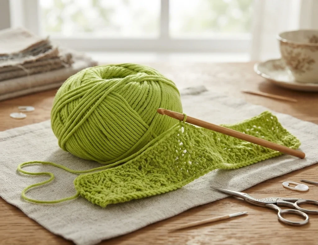 A ball of light green yarn on a linen cloth with a wooden crochet hook and a partly worked green swatch, with small scissors, stitch markers and a teacup on a wooden table.