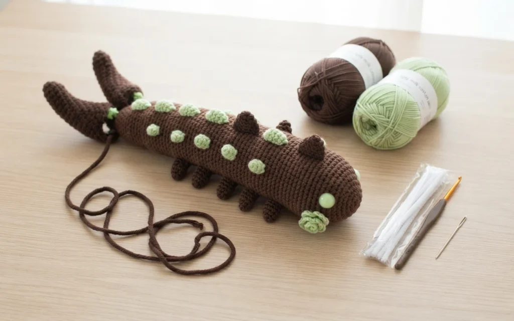 Crocheted brown worm with light green bobble bumps along its body, small dark spikes on its back, short brown legs and green eyes, lying on a light wood table next to two balls of brown and green yarn, a looped strand of brown yarn, a packa