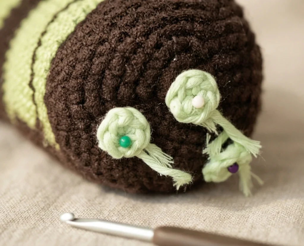 Close-up of a crocheted brown worm head with a pale green stripe, three small pale green crocheted nubs each holding a bead (green, white, purple) with loose yarn ends, and a metal crochet hook resting on beige cloth.