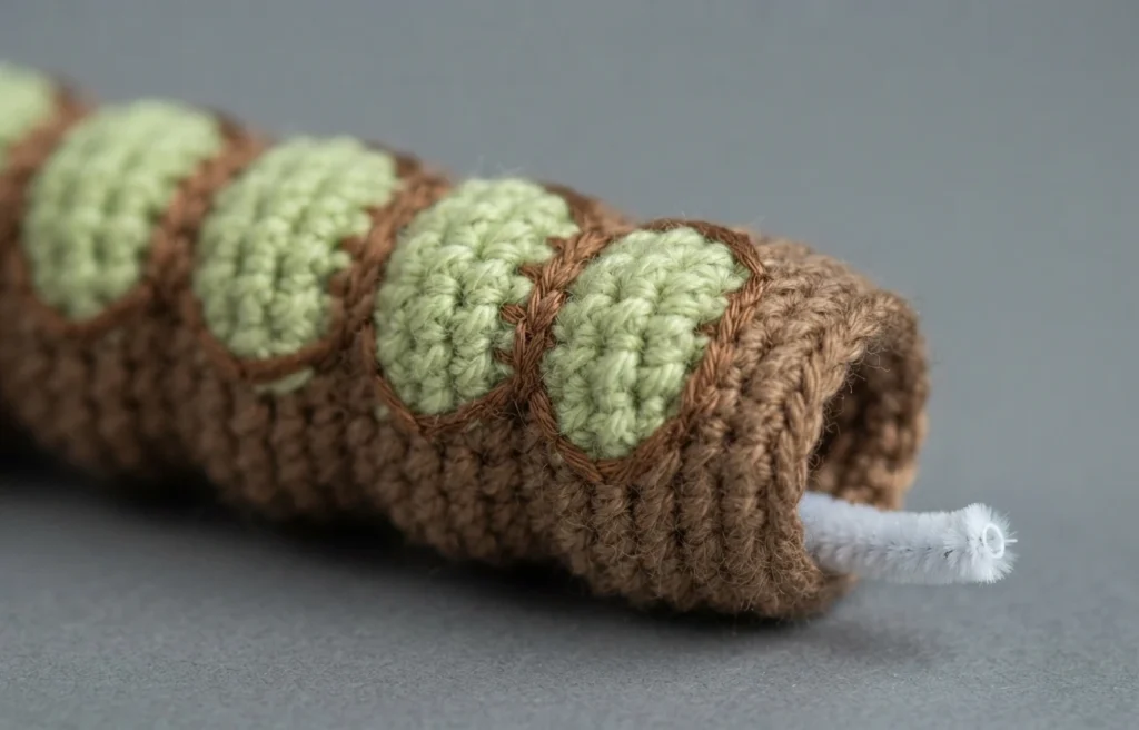 Gros plan d'un corps crocheté en forme de tube, alternant des bandes vert clair et brun, avec des lignes brodées brun entre les bosses vertes et un cure-pipe blanc qui dépasse de l'ouverture.