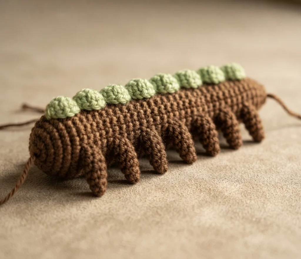 Crocheted brown worm-like amigurumi body with a row of light green bobble bumps along its back and several brown crocheted legs underneath, resting on a beige surface with loose yarn tails at both ends.