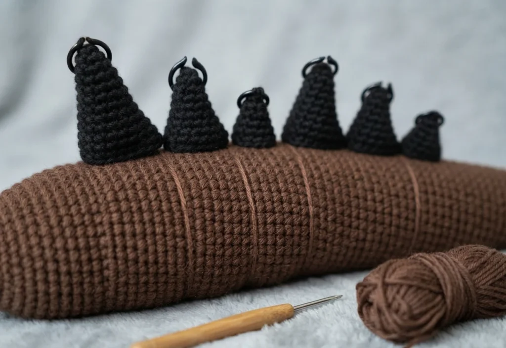 Crocheted brown tube-shaped body piece with six black crocheted spikes attached along its top, several thin brown strands wrapped around the body, a wooden-handled crochet hook and a small ball of brown yarn in the foreground on a light gra