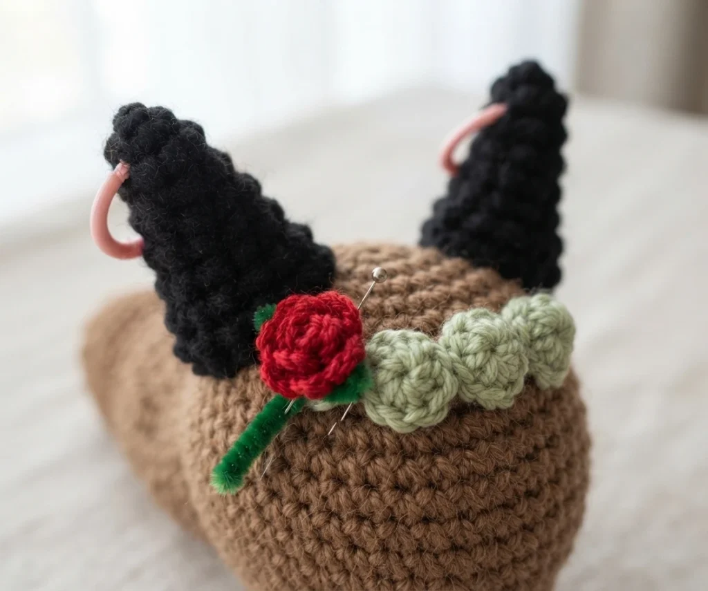 Work in progress photo: a brown crocheted worm body with two black crocheted spikes attached at the top, held by pink stitch markers, a red crocheted rose with a green pipe cleaner stem and a green textured band pinned to the side with sewi