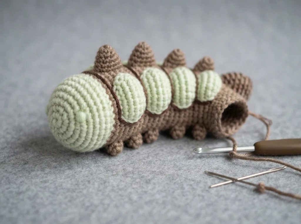 Crocheted worm in light brown yarn with pale green rounded segments along its back, brown pointed spikes on top and small brown feet, shown with an open unfinished end beside a crochet hook, yarn strand and two tapestry needles on a grey fe