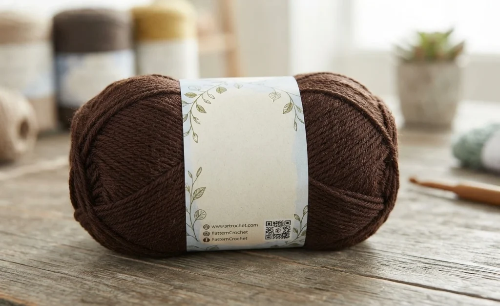 A ball of dark brown yarn on a wooden table, its cream paper label printed with green leaf motifs, a website address, social media handles and a QR code, with a wooden crochet hook and blurred balls of yarn in the background.