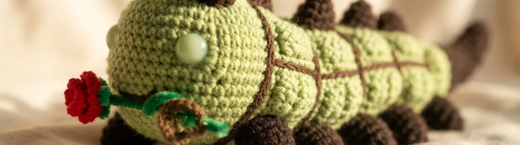 Close-up of a crocheted green worm toy with brown stitched lines marking body segments, brown spikes along the back, brown legs underneath, two pale green round eyes and a small red crocheted rose with a green stem held near its mouth, phot