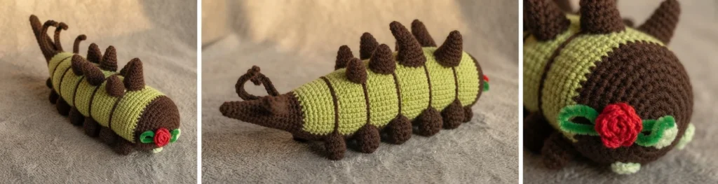 Three views of a crocheted worm toy with a light green striped body, dark brown head, tail and spikes, small pale green eyes, and a red crocheted rose with green leaves near the head, resting on gray textured fabric.