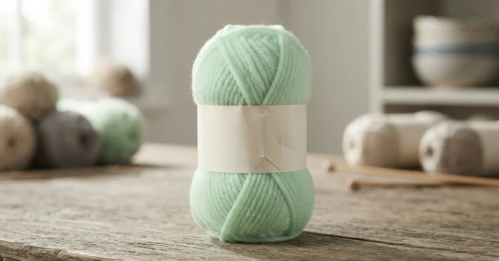A skein of pale mint green yarn wrapped with a blank paper band, standing upright on a rustic wooden table, with blurred balls of yarn and a wooden crochet hook in the background.