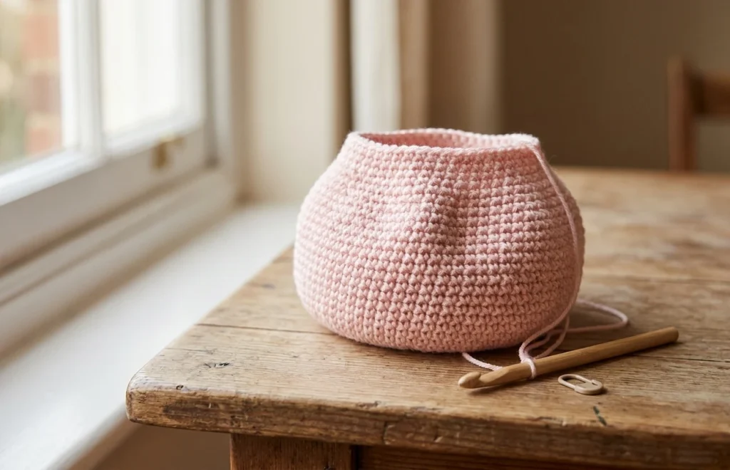 Pink crochet bowl with a slightly bulbous body resting on a rustic wooden table beside a window, with a wooden crochet hook and a small stitch marker lying next to it.