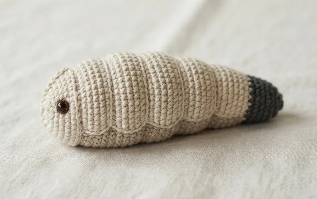 Crocheted worm in cream yarn with a dark gray tapered tail tip and one brown bead eye, resting on light linen fabric.