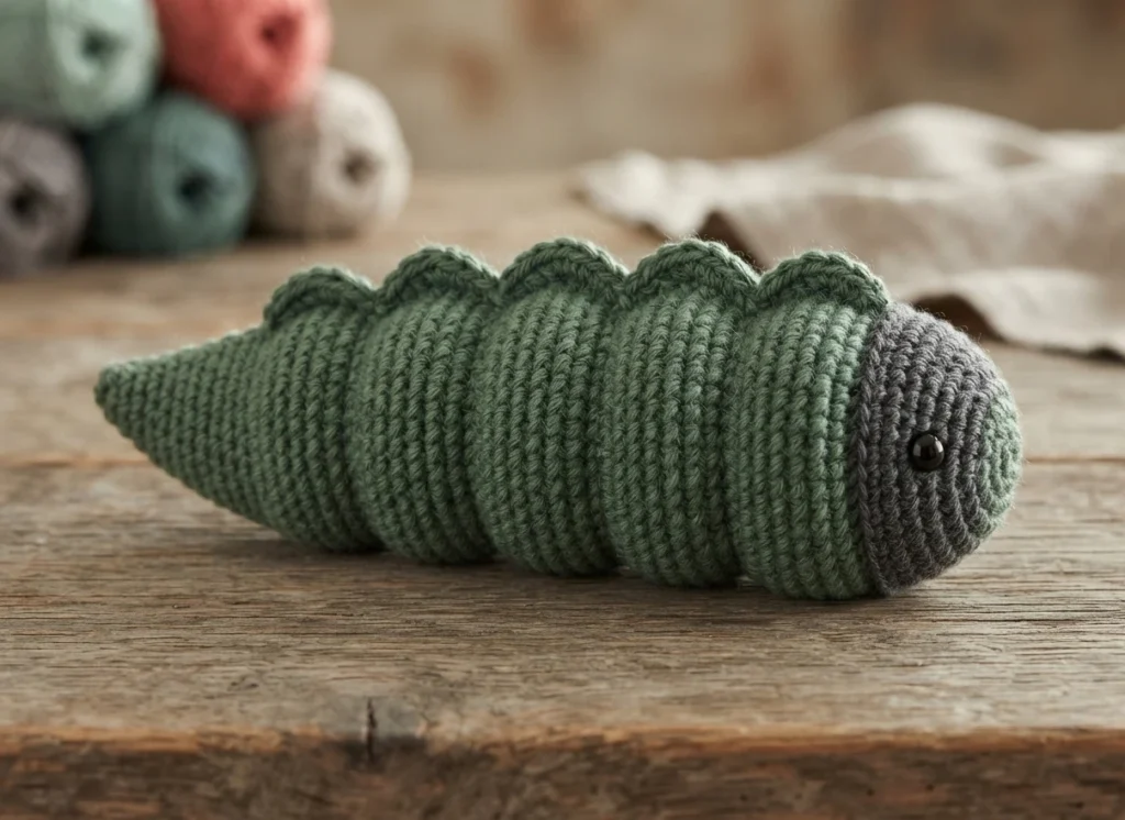 Green crocheted worm plush with four rounded body bumps and a gray head section with a single black bead eye, resting on a wooden surface with blurred balls of yarn and folded fabric in the background.