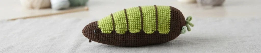 Crocheted worm body in brown and light green, with a segmented green back separated by dark embroidered lines, a small dark eye on the head and a few small green stitches at the tail end, resting on light fabric.