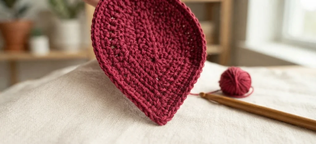A hand holds up a maroon crocheted petal or leaf shape with visible stitch rows, above a linen cloth with a small ball of matching yarn and a wooden crochet hook resting beside it.
