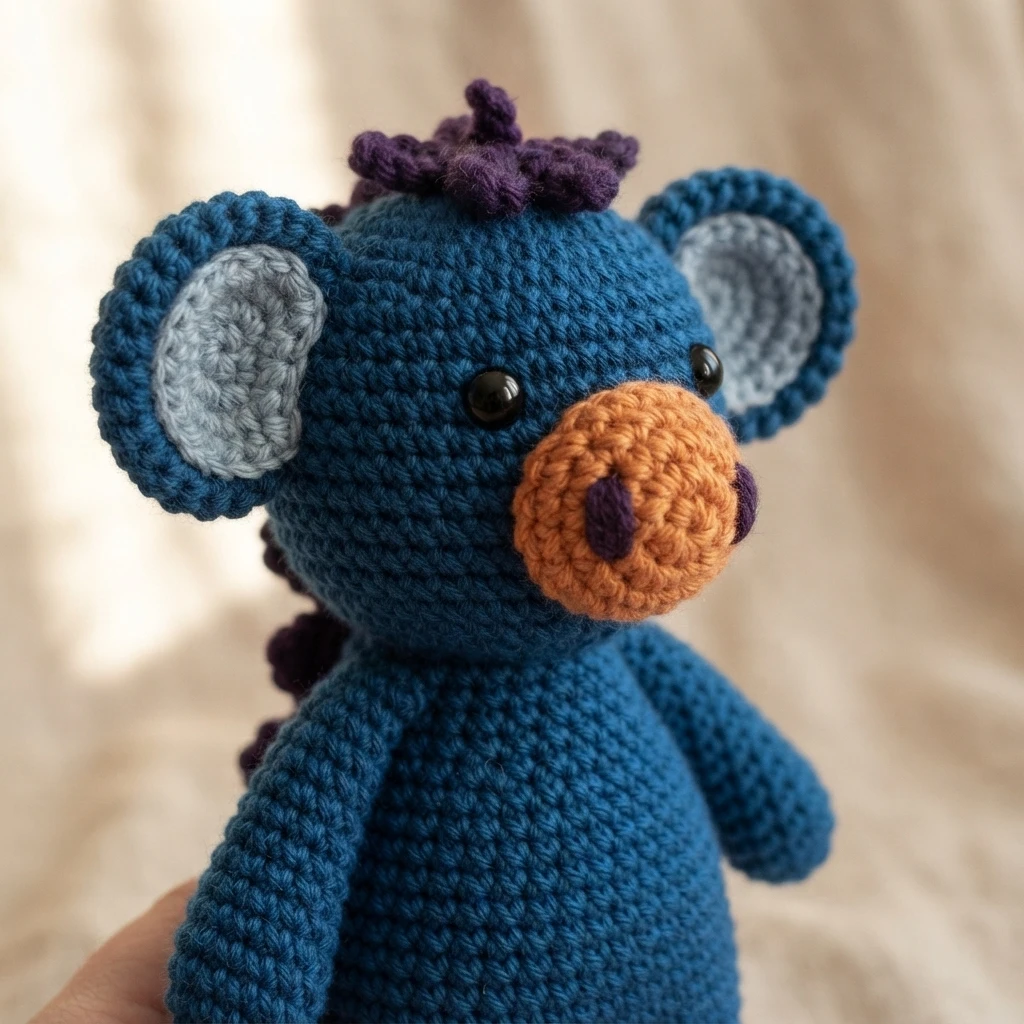 Blue crocheted koala plush held in a hand
