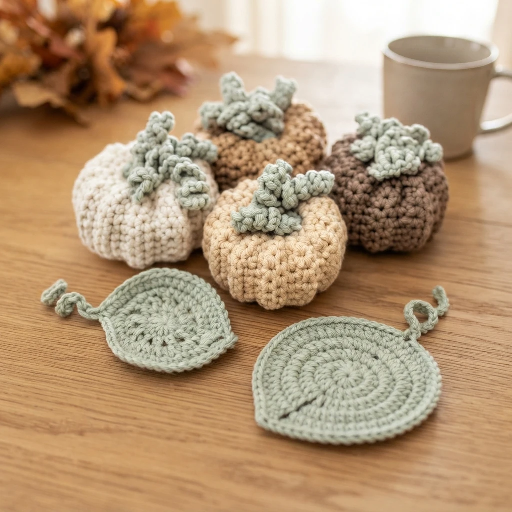 Des citrouilles crochetées dans des tons crème, beige et brun sont posées près de deux dessous-de-verre verts en forme de feuilles, sur une table en bois.