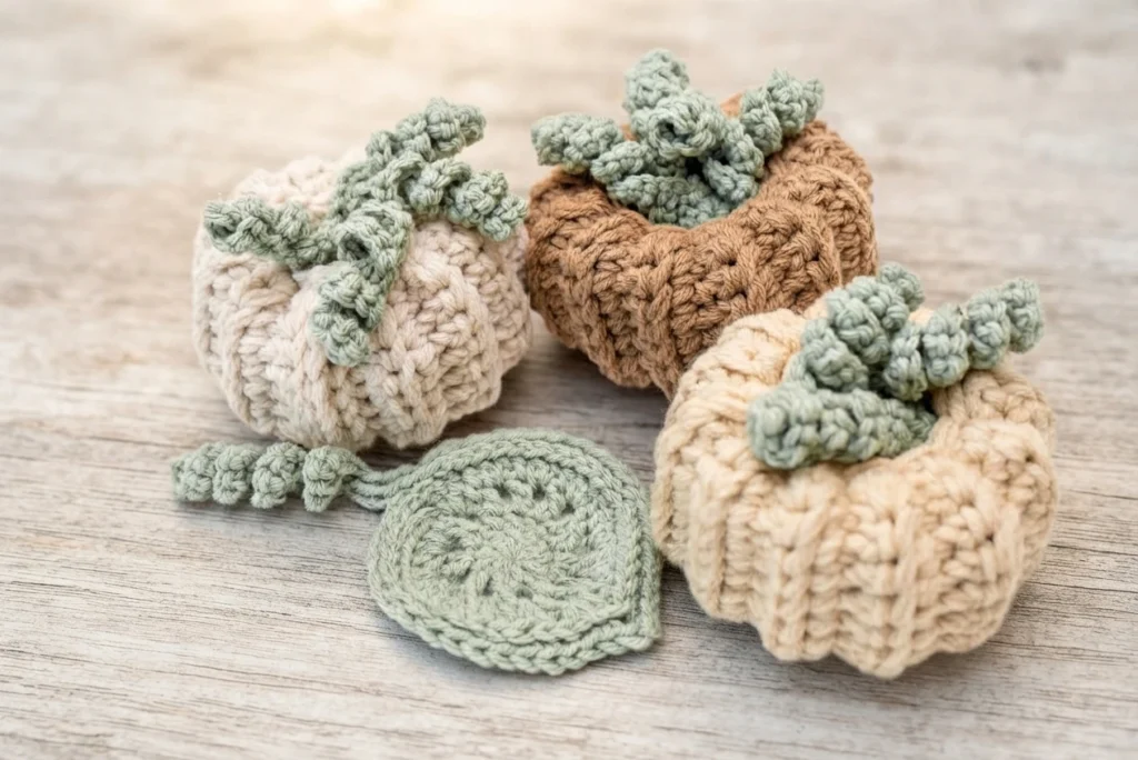 Three crocheted pumpkins in cream and brown yarn with sage-green stems, beside a matching leaf-shaped coaster.