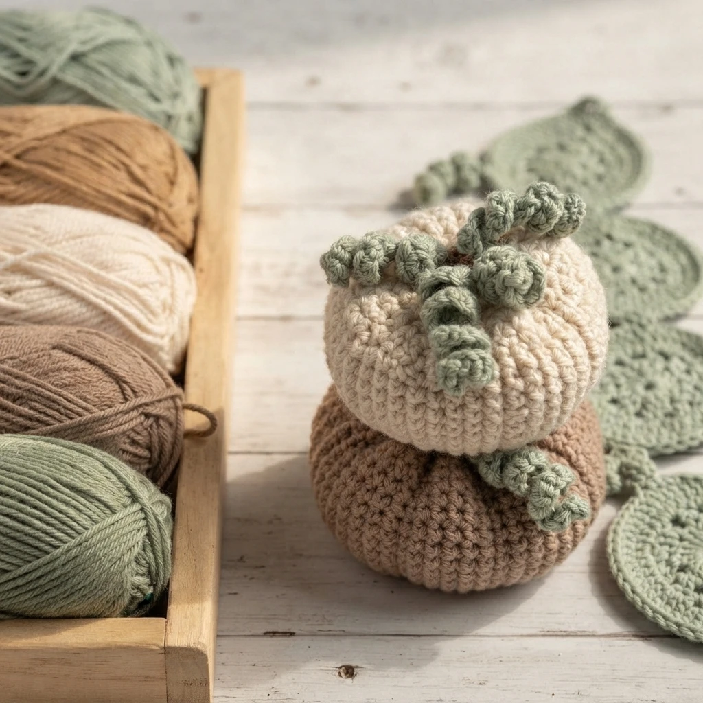 Crocheted cream and brown pumpkins with sage-green curly stems, yarn in a wooden tray, and leaf-shaped coasters on a pale wood surface.