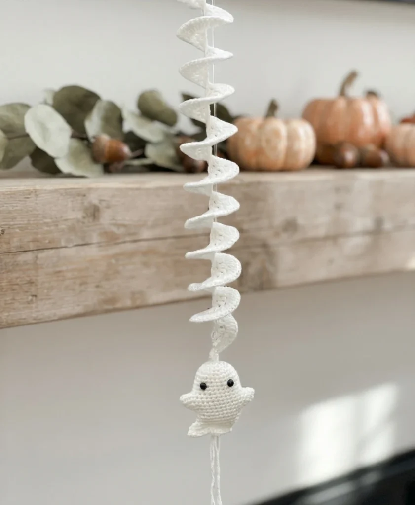 Décoration suspendue au crochet représentant un fantôme blanc sous une spirale, devant des citrouilles automnales.