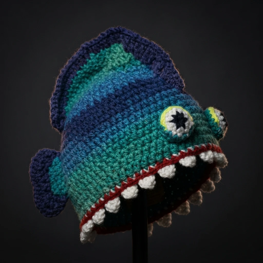 Crocheted abyssal eel hat with gradient blue-green body, purple fin, bulging eyes and white teeth around a red mouth edge.