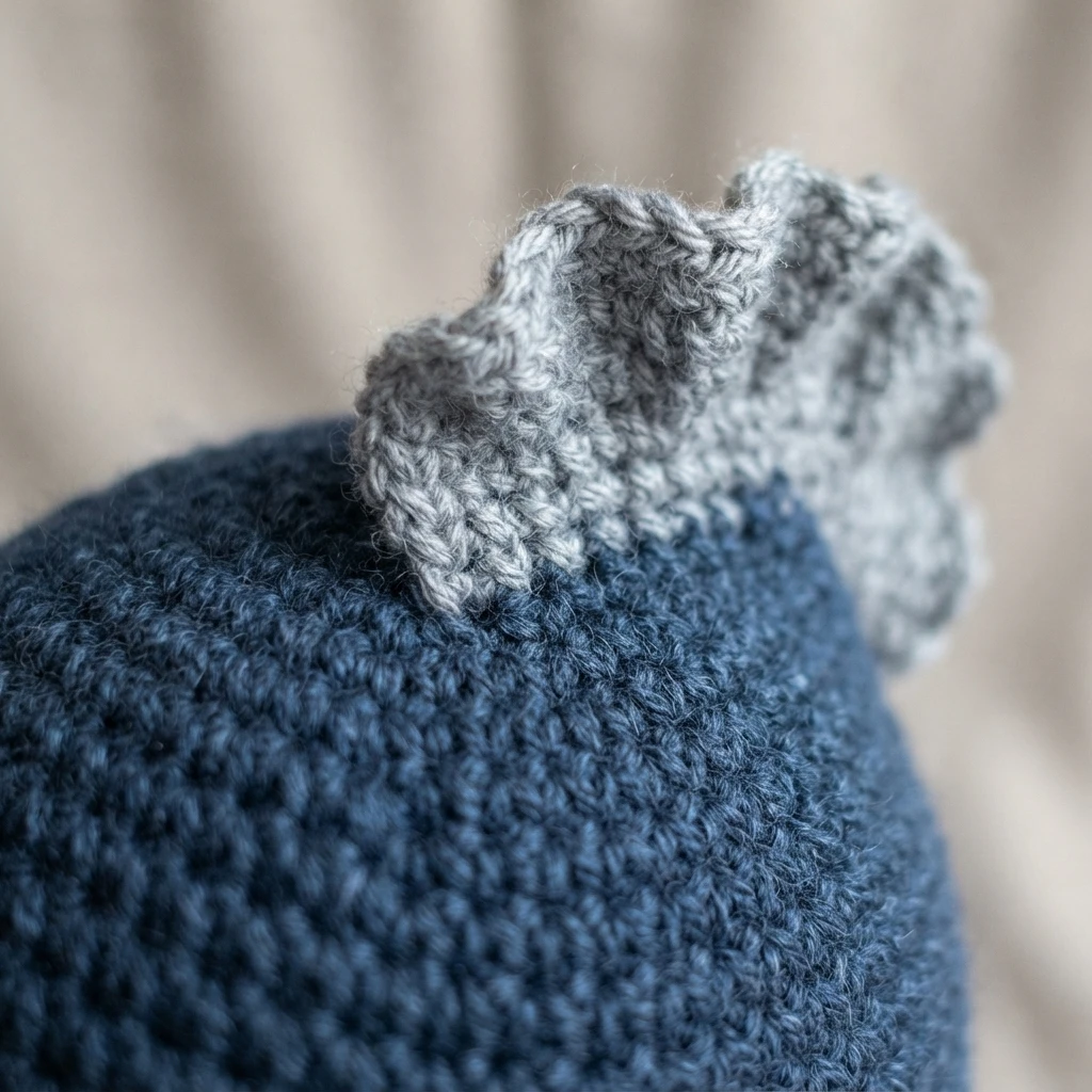 Close-up of a blue crocheted hat with a grey ruffled fin detail