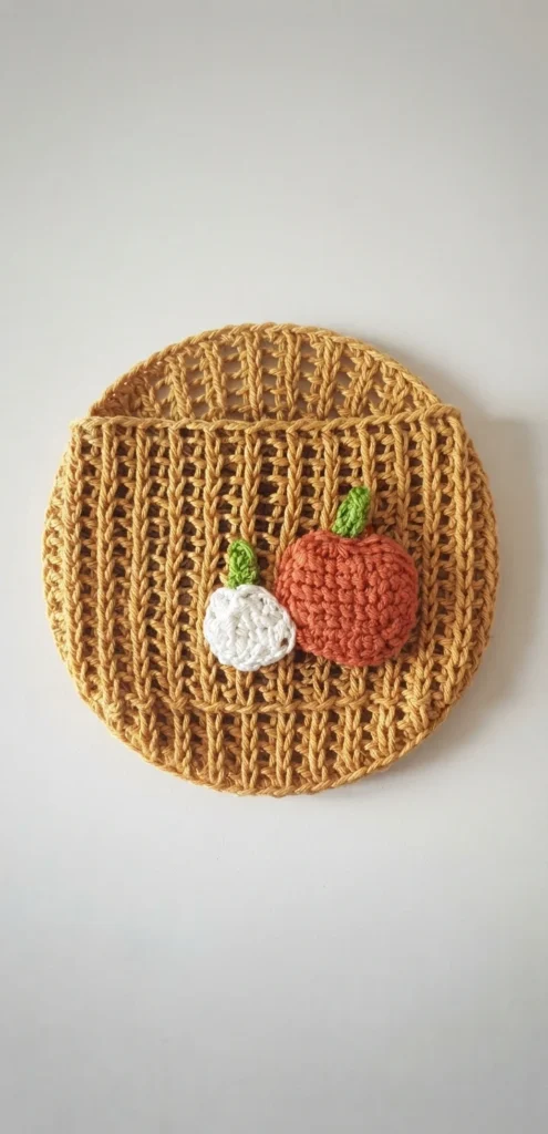 Crocheted tan cup cozy laid flat on a pale surface, textured with vertical ribbed columns, with a small white pumpkin applique and a larger orange pumpkin applique with green stems sewn on the front.