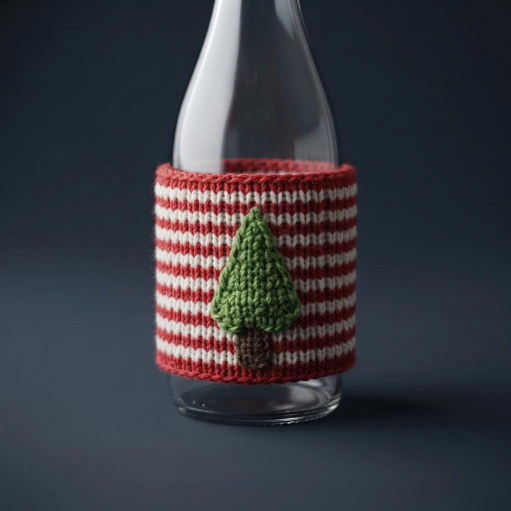 Crocheted cup cozy in alternating red and white stripes with a green Christmas tree applique, shown wrapped around a clear glass bottle against a dark background.