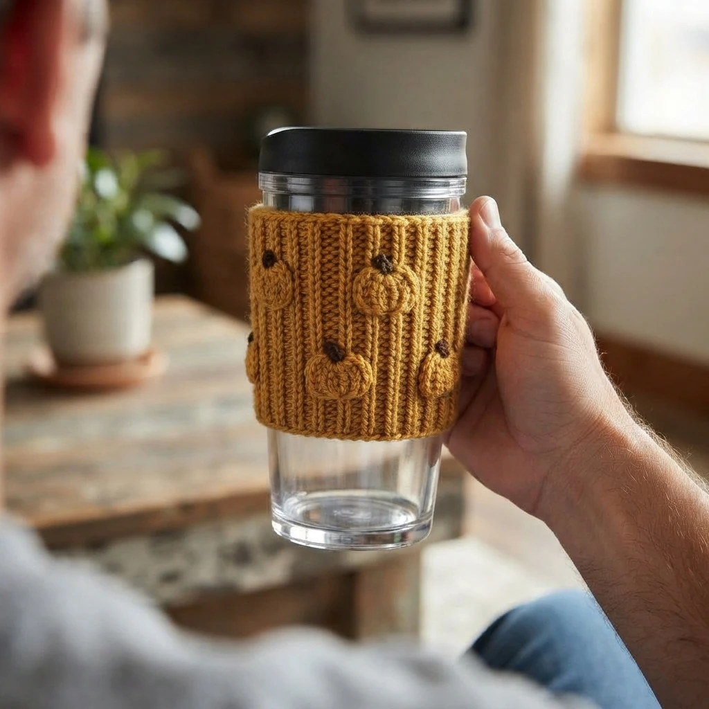 Mustard ribbed crochet cup cozy with small raised pumpkin motifs wrapped around a clear mug with a black lid, held in a person's hand above a wooden table indoors.