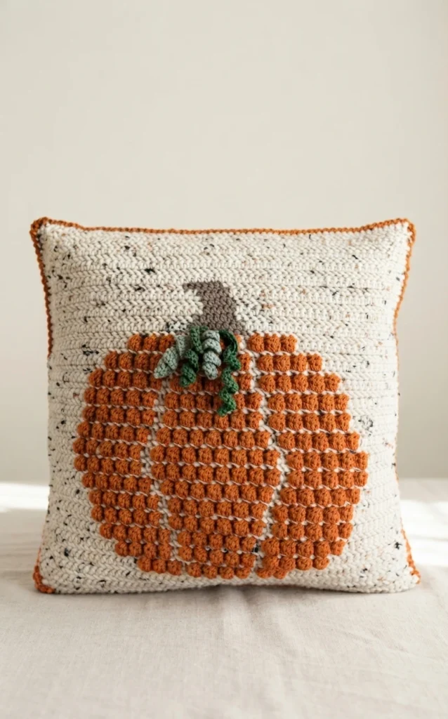 Ivory tweed crochet pillow with a raised orange pumpkin, brown stem, green vines and orange edging, displayed on a surface.