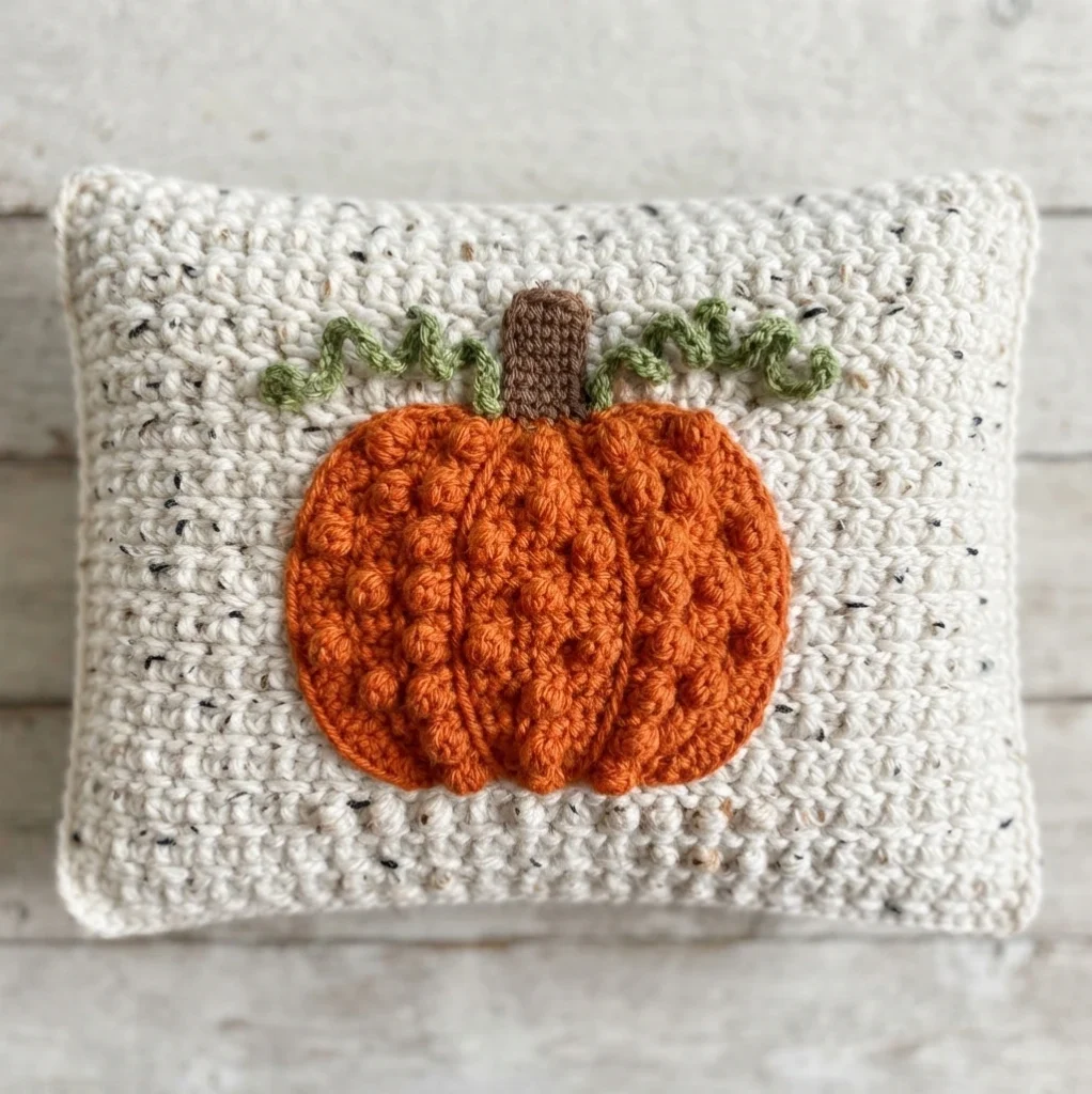 Coussin crocheté ivoire moucheté avec un potiron orange en relief, une tige brune et des lianes vertes.