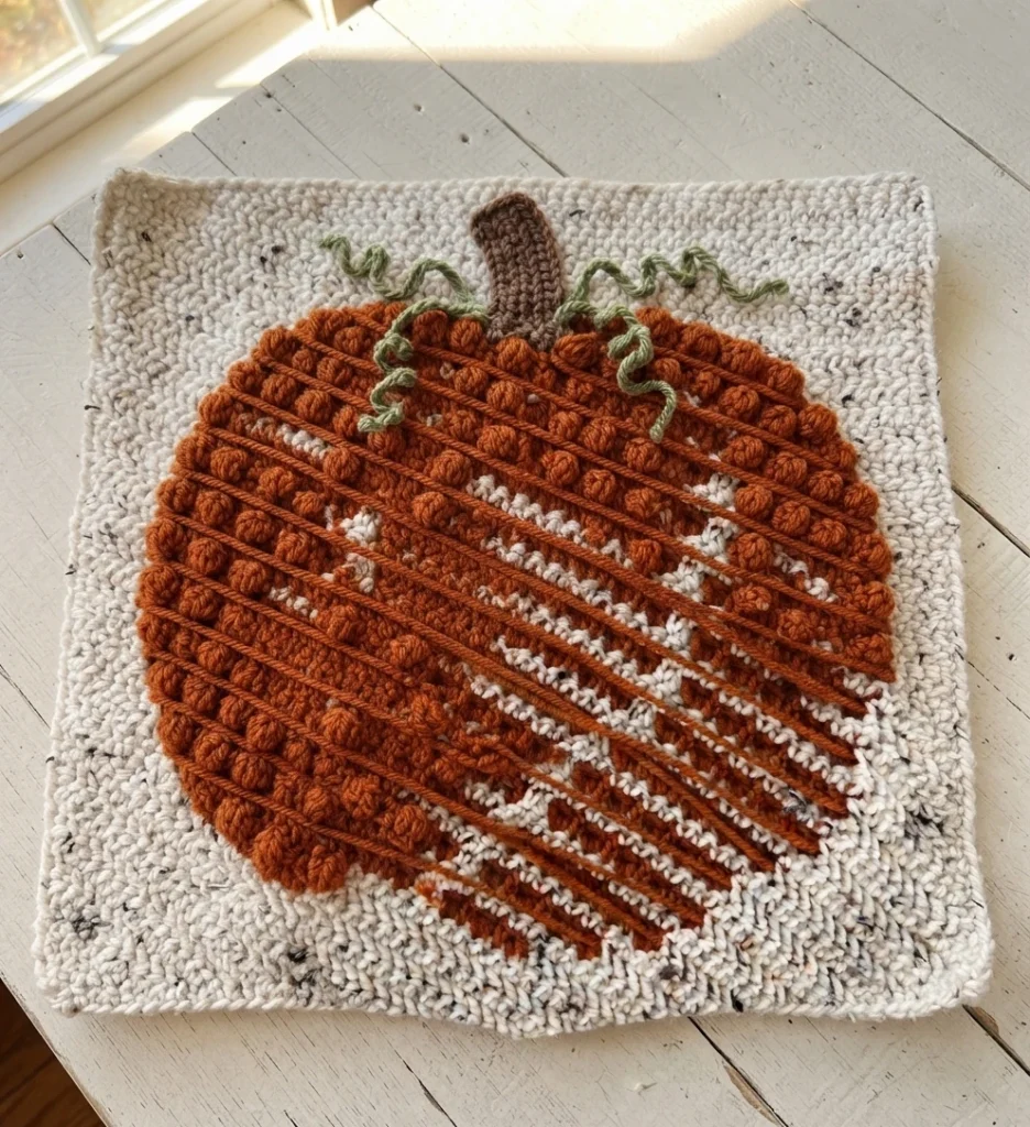 Panneau crocheté carré posé à plat, avec une citrouille orange en relief, une tige brune et des vrilles vertes sur un fond écru moucheté.