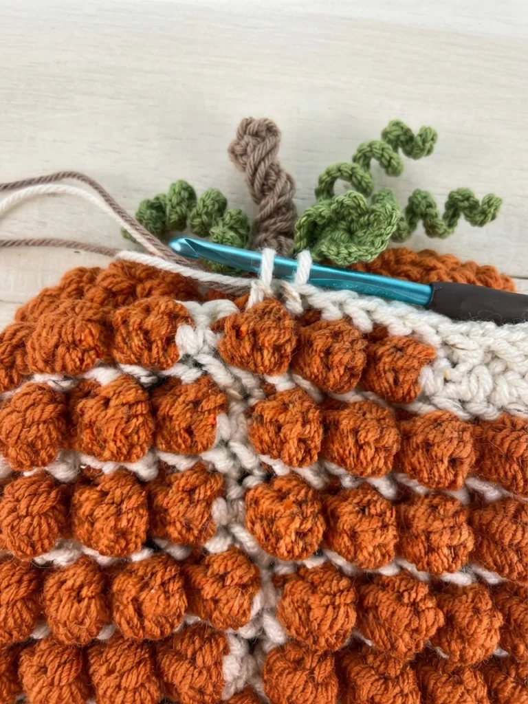 Close-up of a crochet hook working white stitches above raised orange bobbles, with a brown stem and green vines visible behind them.