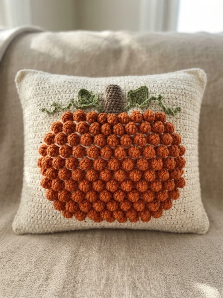 Square ivory crochet pillow with a raised orange pumpkin, brown stem, and green leaves, resting on a sofa.