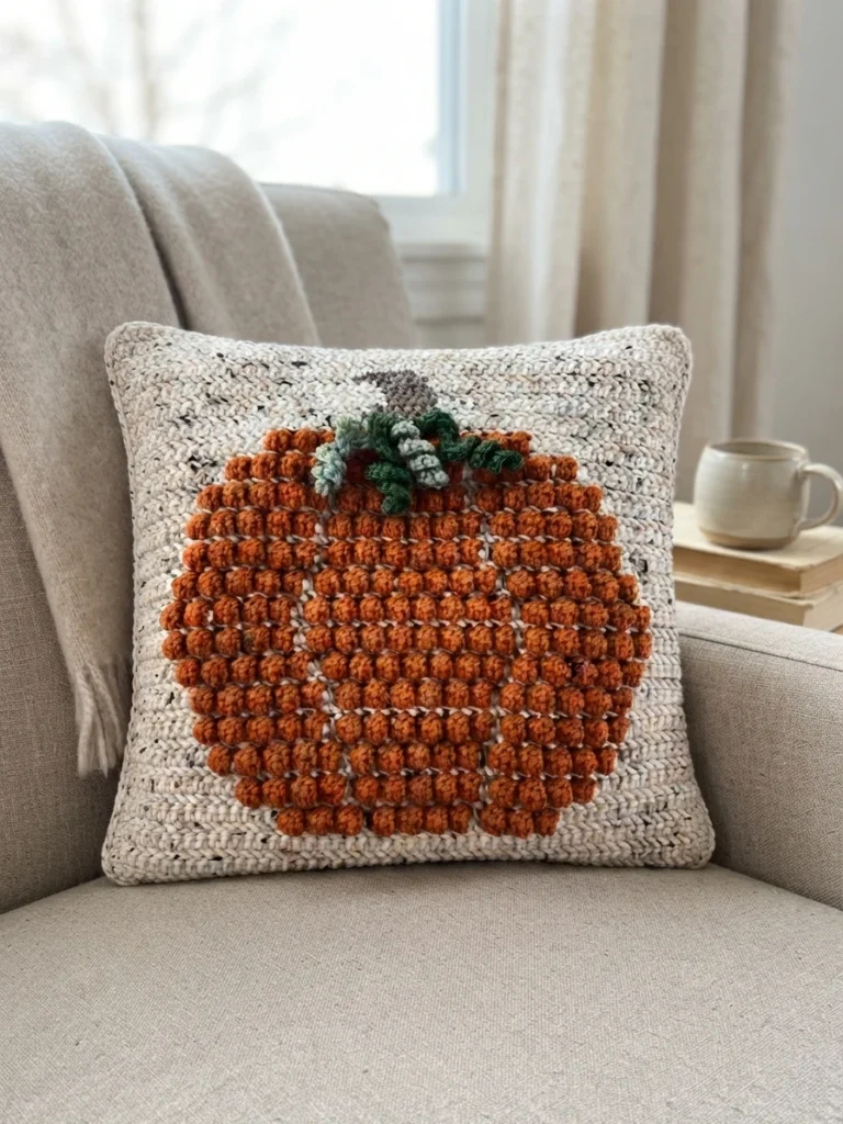 Square cream tweed crochet pillow with a raised orange bobble pumpkin, brown stem, and green vines, displayed on a light sofa.