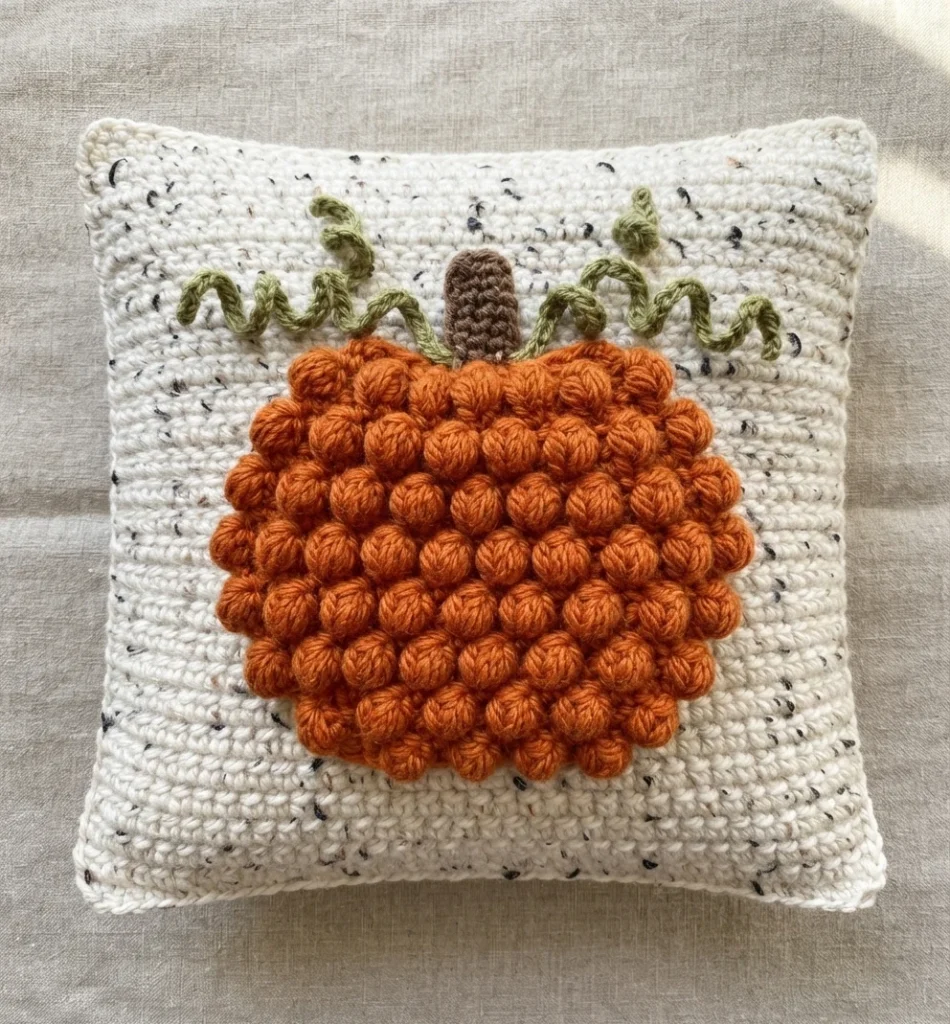 Finished ivory tweed crochet pillow with a raised orange pumpkin, brown stem, and green curling vines.