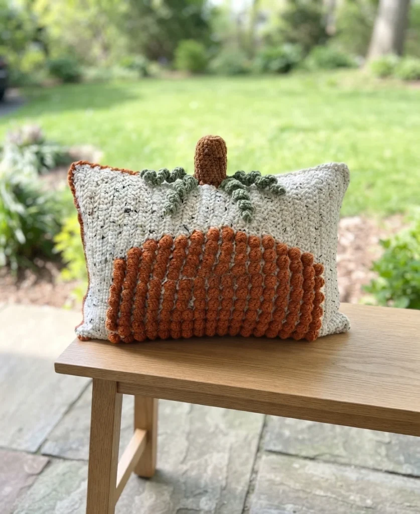 Finished cream speckled crochet cushion with a raised orange pumpkin, brown stem, and green vines, displayed on a wooden table outdoors.
