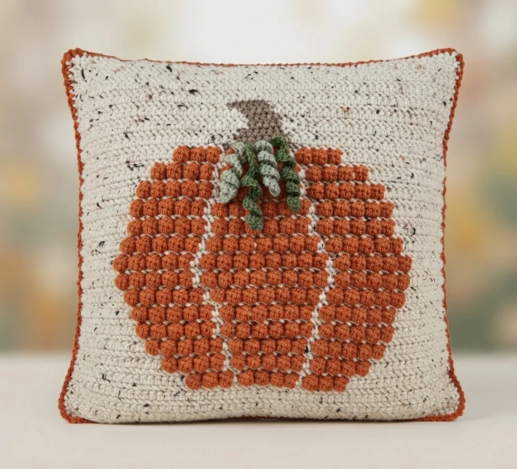 Square ivory crochet pillow with a raised orange pumpkin, a brown stem, green vines and an orange border.