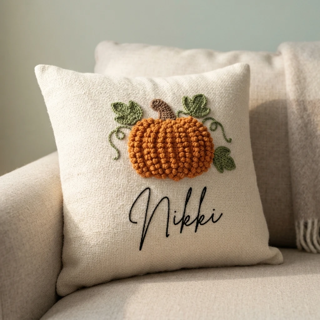 A cream cushion on a sofa with a raised orange pumpkin, green leaves and vines, and the word “Nikki” embroidered below.