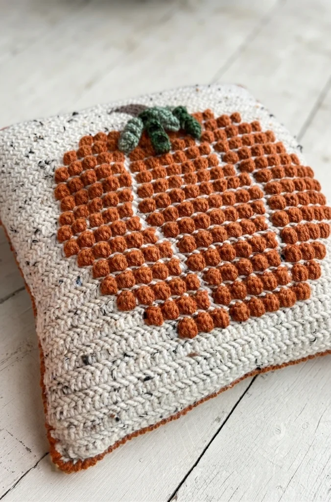 Ivory tweed crochet pillow with a raised orange pumpkin, green vines, and an orange border, resting at an angle on a pale wooden floor.